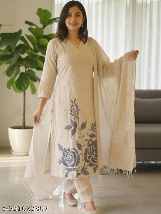 Designer Women Cotton Straight Embrodered Kurti Pant Dupatta Set - NJORA LUXURY FASHION