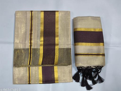 3x3  golden tissue drill with  colour   set mundu 2m / 2.80 m with kunjam   -  coffeee - NJORA LUXURY FASHION
