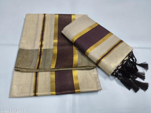 3x3  golden tissue drill with  colour   set mundu 2m / 2.80 m with kunjam   -  coffeee - NJORA LUXURY FASHION