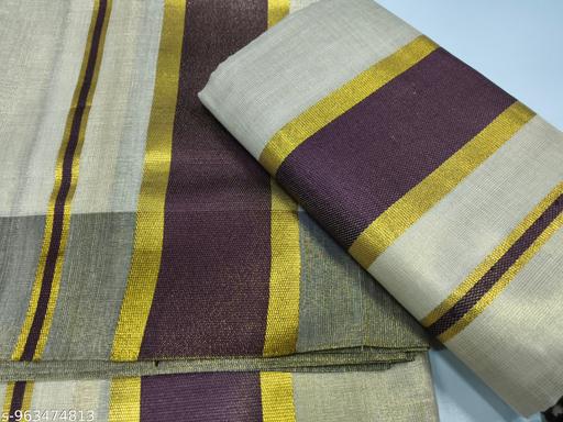 3x3  golden tissue drill with  colour   set mundu 2m / 2.80 m with kunjam   -  coffeee - NJORA LUXURY FASHION