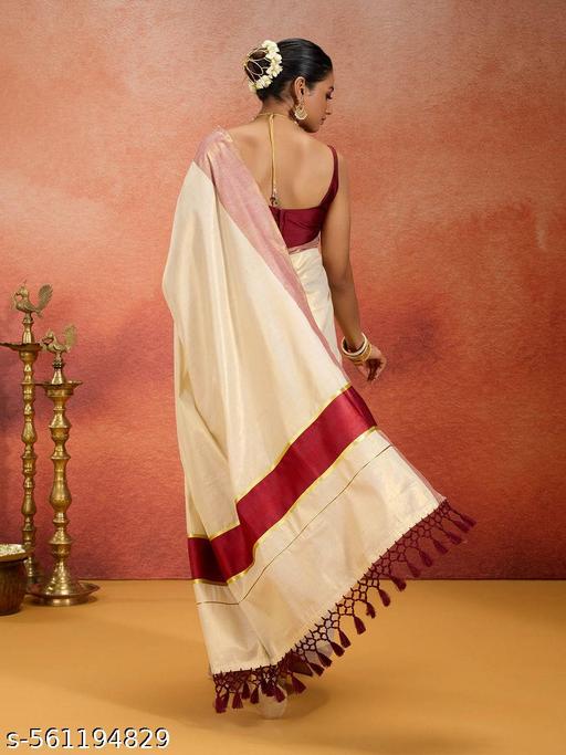 Texation Kerala Kasavu Golden Tissue saree with Running Blouse (K.K Dark Red) - NJORA LUXURY FASHION