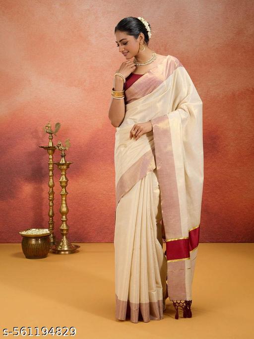 Texation Kerala Kasavu Golden Tissue saree with Running Blouse (K.K Dark Red) - NJORA LUXURY FASHION