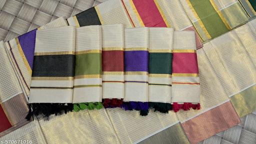 Kerala Kasavu Gold Tissue Fancy Vaira Oosi BodyStrips & Bottom Checks with Fancy Colour Border Saree With Running Blouse  - NJORA LUXURY FASHION