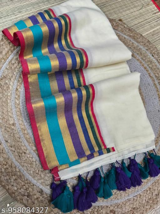Multicolor Stripe Border Kerala-style Cotton Saree  (Mul Cotton) - NJORA LUXURY FASHION