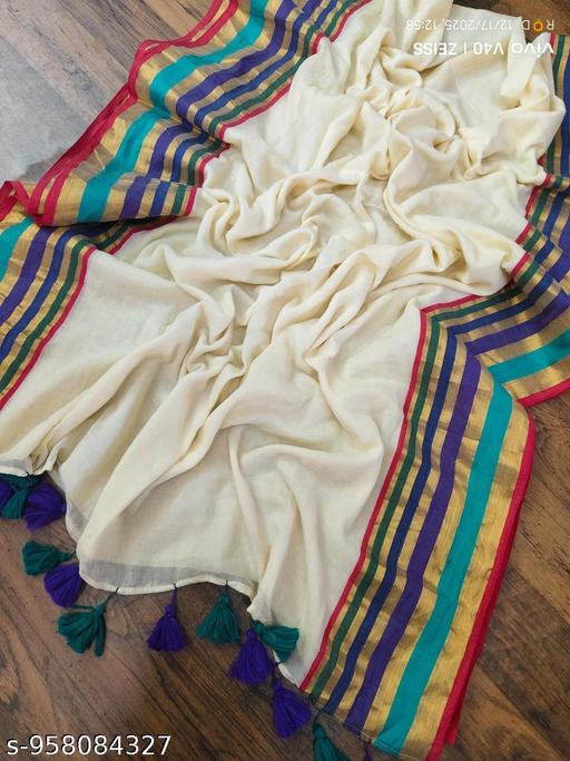 Multicolor Stripe Border Kerala-style Cotton Saree  (Mul Cotton) - NJORA LUXURY FASHION