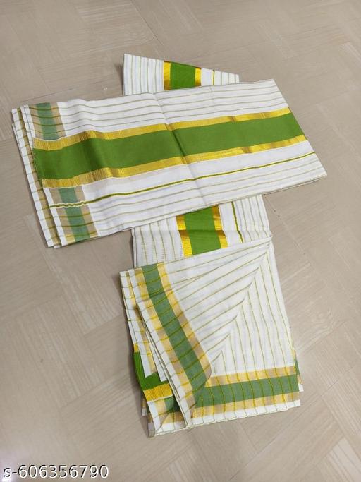 KERALA pista green striped SET MUNDU / Onam special set mundu - NJORA LUXURY FASHION