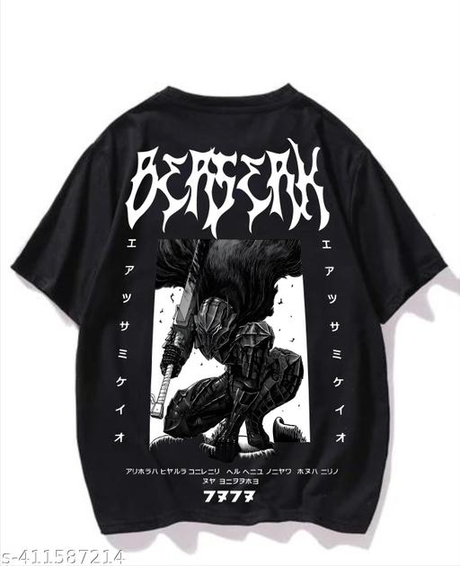 Oversize Anime Character Graphic Print Round Neck Black Cotton Blend Tshirt For Men - Home