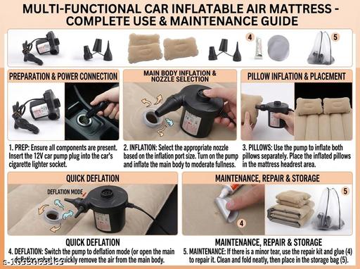 Portable Inflatable Car Air Mattress Bed with Electric Pump and Pillows – Universal Backseat Travel Sleeping Pad for Camping, Road Trips, and Long Drives (Grey)    - offerbuy