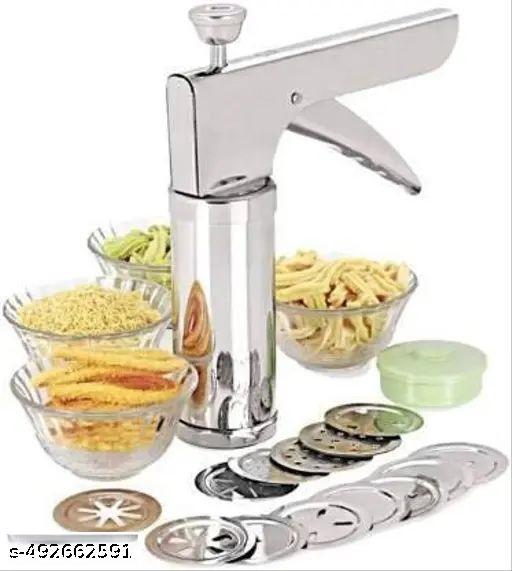 Stainless Steel KitchenPress with 15 Different Types of Jalies ||MurukkuMaker || BhujiyaMaker || NoodlesCookies ||NamkeenChakaliMaker || SevMaker || FarsanMaker || GathiyaMaker Silver - offerbuy
