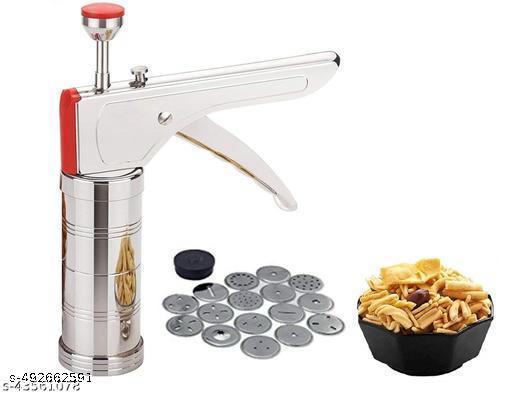 Stainless Steel KitchenPress with 15 Different Types of Jalies ||MurukkuMaker || BhujiyaMaker || NoodlesCookies ||NamkeenChakaliMaker || SevMaker || FarsanMaker || GathiyaMaker Silver - offerbuy