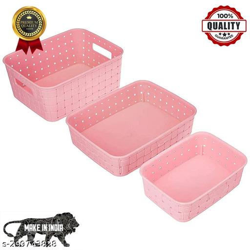 Multipurpose Smart Shelf Basket Set (3 pcs) | Storage Basket For Fruits, Vegetables, Magazines, Cosmetics etc | Storage Basket (Pack of 3) 01(Pink) - Pathoos 