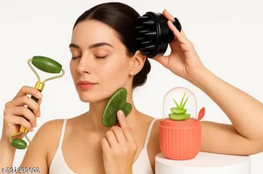Premium 4-in-1 Skincare Combo | Jade Roller, Gua Sha Tool, Ice Roller, and Hair & Scalp Massager for Face and Wellness - Piktocart