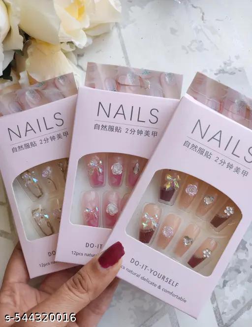 3 Set of Embellished Artificial Nails (SeT of 3)(MIx variant and desighn)(Size LoNg)Each set contains 12 nails - Piktocart