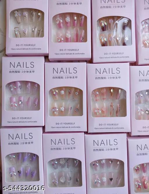 3 Set of Embellished Artificial Nails (SeT of 3)(MIx variant and desighn)(Size LoNg)Each set contains 12 nails - Piktocart