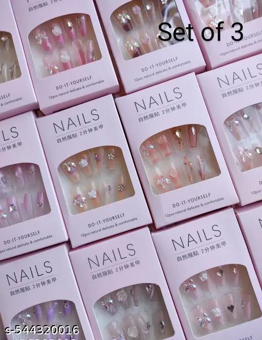3 Set of Embellished Artificial Nails (SeT of 3)(MIx variant and desighn)(Size LoNg)Each set contains 12 nails - Piktocart