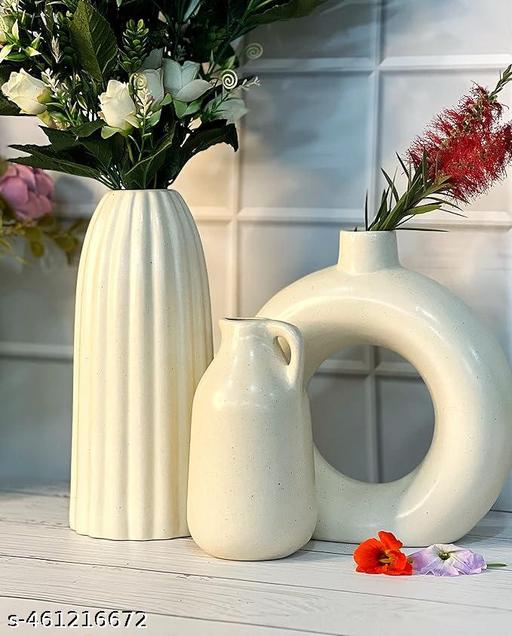  “Premium Ceramic Off White Vases Set of 3 | Ribbed, Donut & Milk Jar Flower Vase for Modern Home Decor Living Room Bedroom Dining Table” - Piktocart
