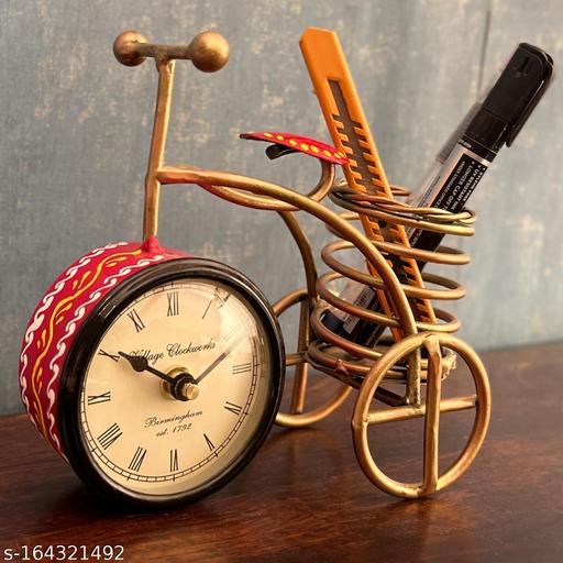 Iron Antique Bicycle Table Clock with Pen Holder | Elegant Vintage Desk Organizer (6.5 Inch) - Piktocart