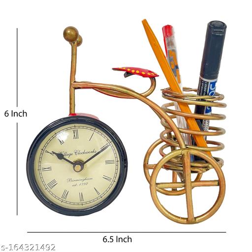 Iron Antique Bicycle Table Clock with Pen Holder | Elegant Vintage Desk Organizer (6.5 Inch) - Piktocart