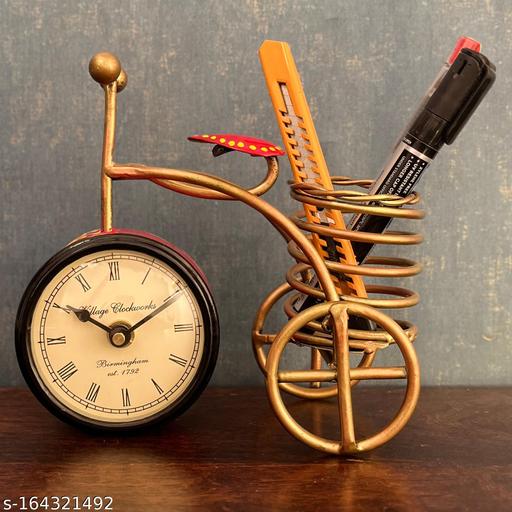 Iron Antique Bicycle Table Clock with Pen Holder | Elegant Vintage Desk Organizer (6.5 Inch) - Piktocart
