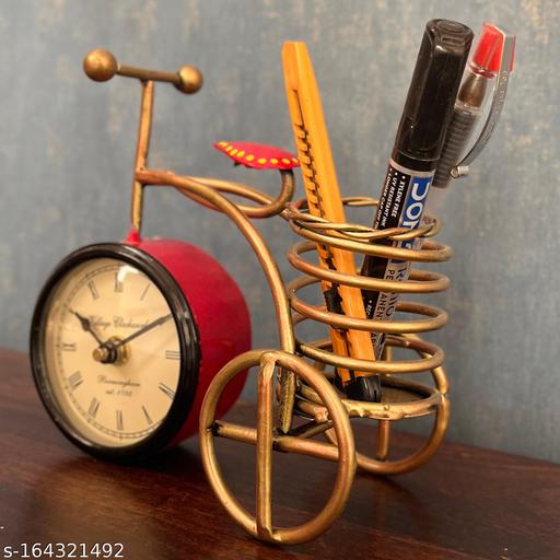 Iron Antique Bicycle Table Clock with Pen Holder | Elegant Vintage Desk Organizer (6.5 Inch) - Piktocart