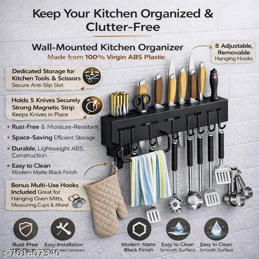 Kitchen Shelf Wall Mount Knife Holder ,Towel Hanger , Spatula Ladle Hanging Hooks , Cutlery Holder Storage Rack High Grade Plastic Multi-Purpose - Piktocart