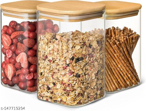 1200ml Square shape High borosilicate airtight glass jar, wooden lid for kitchen storage, Gifting, Snacks, Spice, Cookies, Dry-Food, Pickles, multi-grain set of 2 piece - Piktocart