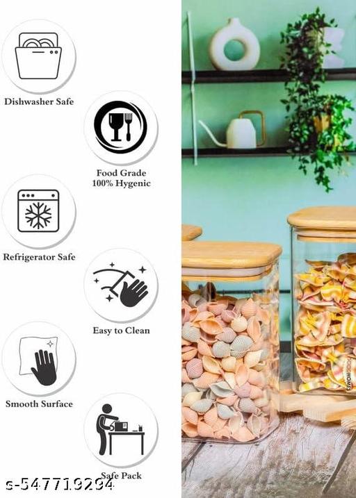 1200ml Square shape High borosilicate airtight glass jar, wooden lid for kitchen storage, Gifting, Snacks, Spice, Cookies, Dry-Food, Pickles, multi-grain set of 2 piece - Piktocart