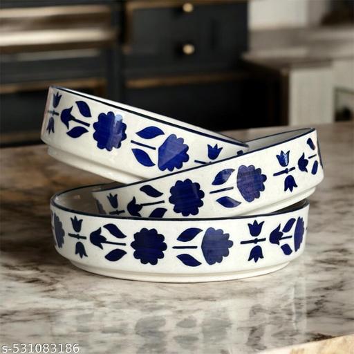 Ceramic salad bowl set of 3/ multipurpose flat bowl set for serving snacks, salad, nuts, meal pasta etc (Blue) - Piktocart