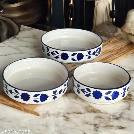 Ceramic salad bowl set of 3/ multipurpose flat bowl set for serving snacks, salad, nuts, meal pasta etc (Blue) - Piktocart