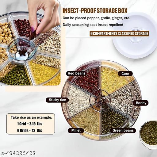 NARUIA 6-Grid Rotating Grain Dispenser - Grocery storage container for pulses, cereal, grains & rice with Measuring Cup (White) - Piktocart