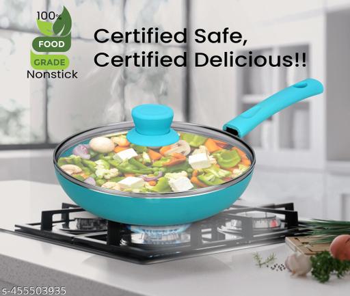 NONSTICK COOKWARES FRYPAN 220MM WITH GLASS LID,AQUA BLUE COLOUR,NON INDUCTION BASE - Piktocart