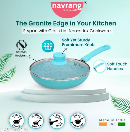 NONSTICK COOKWARES FRYPAN 220MM WITH GLASS LID,AQUA BLUE COLOUR,NON INDUCTION BASE - Piktocart