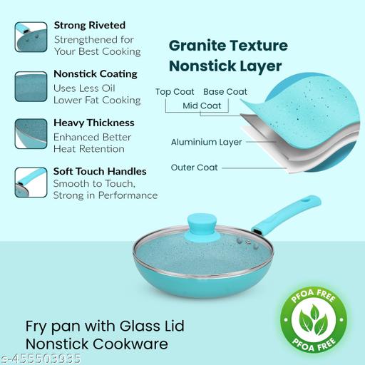 NONSTICK COOKWARES FRYPAN 220MM WITH GLASS LID,AQUA BLUE COLOUR,NON INDUCTION BASE - Piktocart