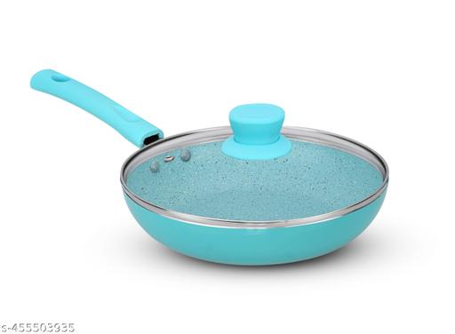 NONSTICK COOKWARES FRYPAN 220MM WITH GLASS LID,AQUA BLUE COLOUR,NON INDUCTION BASE - Piktocart