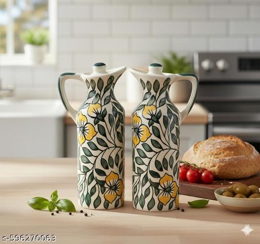 Clay Charm Studio 300 ml Handcrafted Ceramic Oil Dispenser Bottle Set of 2 | Yellow Floral Vine Print Kitchen Oil Pourer for Olive Oil, Vinegar & Dressing - Piktocart