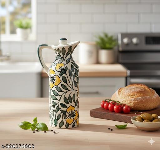 Clay Charm Studio 300 ml Handcrafted Ceramic Oil Dispenser Bottle Set of 2 | Yellow Floral Vine Print Kitchen Oil Pourer for Olive Oil, Vinegar & Dressing - Piktocart