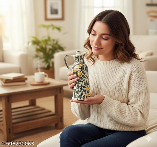 Clay Charm Studio 300 ml Handcrafted Ceramic Oil Dispenser Bottle Set of 2 | Yellow Floral Vine Print Kitchen Oil Pourer for Olive Oil, Vinegar & Dressing - Piktocart