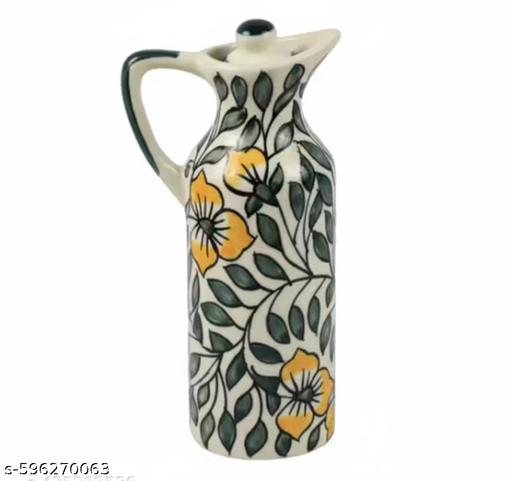 Clay Charm Studio 300 ml Handcrafted Ceramic Oil Dispenser Bottle Set of 2 | Yellow Floral Vine Print Kitchen Oil Pourer for Olive Oil, Vinegar & Dressing - Piktocart