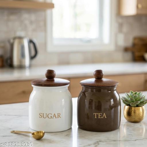 Premium Metal Tea and Sugar Container Set with Airtight Wooden Lids (14cm Height, 10cm Dia) - Set of 2 Unbreakable Jars (White & Mocha Brown) - Piktocart