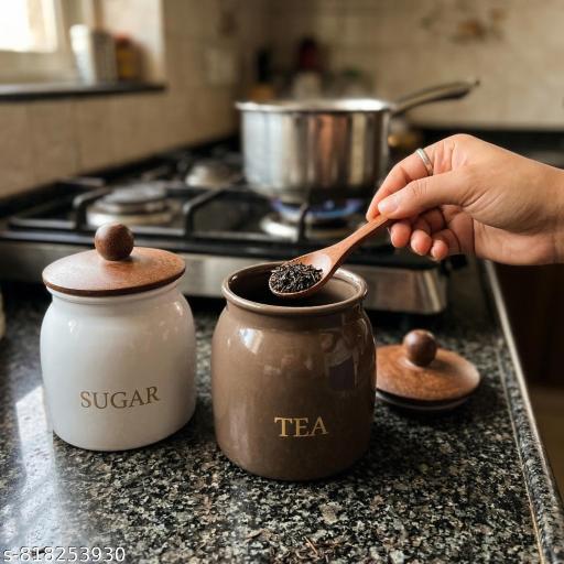 Premium Metal Tea and Sugar Container Set with Airtight Wooden Lids (14cm Height, 10cm Dia) - Set of 2 Unbreakable Jars (White & Mocha Brown) - Piktocart