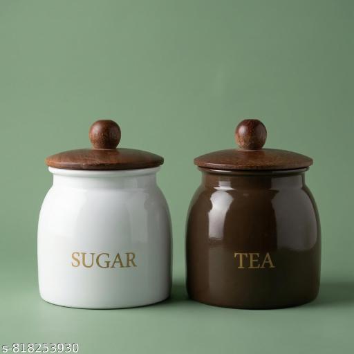 Premium Metal Tea and Sugar Container Set with Airtight Wooden Lids (14cm Height, 10cm Dia) - Set of 2 Unbreakable Jars (White & Mocha Brown) - Piktocart