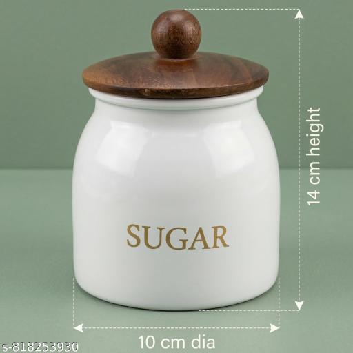 Premium Metal Tea and Sugar Container Set with Airtight Wooden Lids (14cm Height, 10cm Dia) - Set of 2 Unbreakable Jars (White & Mocha Brown) - Piktocart