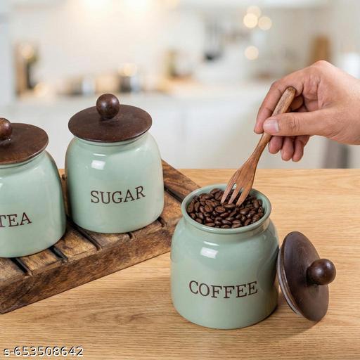 Green Metal Tea Coffee Sugar Jar Set | 700 ml Airtight Canisters with Wooden Tray for Stylish Kitchen & Pantry Storage - Piktocart