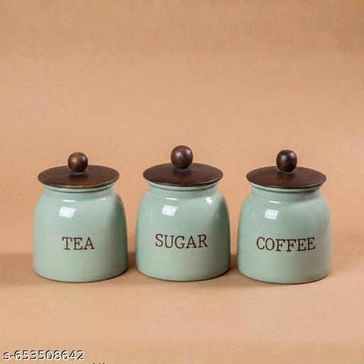 Green Metal Tea Coffee Sugar Jar Set | 700 ml Airtight Canisters with Wooden Tray for Stylish Kitchen & Pantry Storage - Piktocart