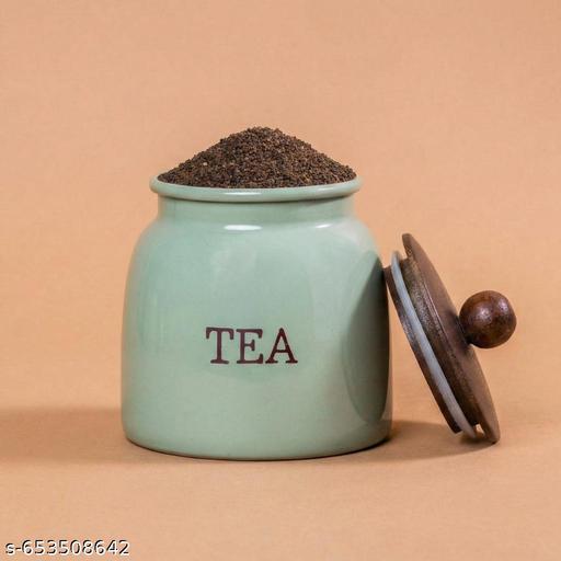 Green Metal Tea Coffee Sugar Jar Set | 700 ml Airtight Canisters with Wooden Tray for Stylish Kitchen & Pantry Storage - Piktocart
