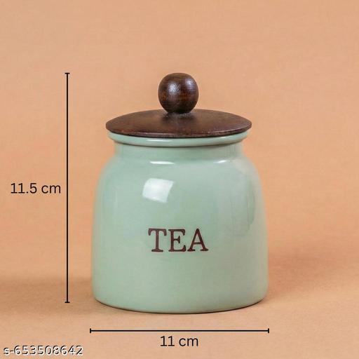 Green Metal Tea Coffee Sugar Jar Set | 700 ml Airtight Canisters with Wooden Tray for Stylish Kitchen & Pantry Storage - Piktocart