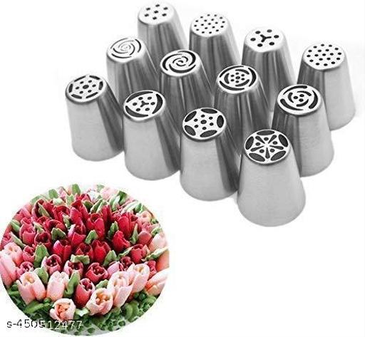Naama 12Pcs Russian Nozzles Set | Stainless Steel Reusable Decorating Nozzles Set | Russian Ruffle Skirt Icing Piping Tips | Cake Decorating Tool - Piktocart