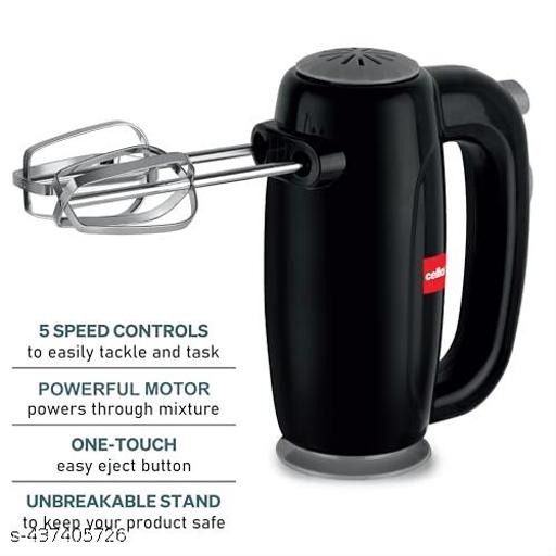 Cello Hand Beater | 5 Variable Speed Controls | Power Full Motor | One Touch & Unbreakable Stand | (300W Powerful Motor With Body, SS Dough Hooks, SS Beater) | Black - Piktocart