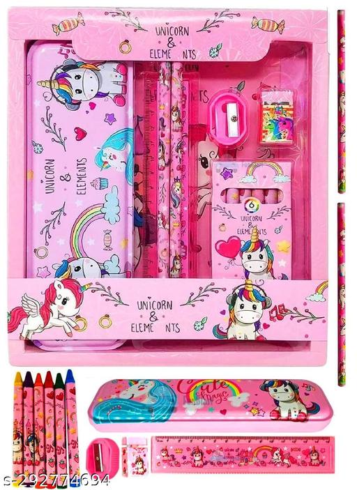 JUST NIDZ Unicorn Stationary Set Unicorn Pencil Box, Pencil Sharpner Eraser Scale Cryon Kit with Mermaid Cartoon 3DEraser Set for Kids Girls Boys Gift Unicorn Gift for Girls - Piktocart