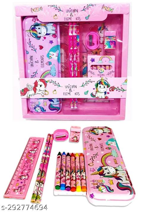 JUST NIDZ Unicorn Stationary Set Unicorn Pencil Box, Pencil Sharpner Eraser Scale Cryon Kit with Mermaid Cartoon 3DEraser Set for Kids Girls Boys Gift Unicorn Gift for Girls - Piktocart
